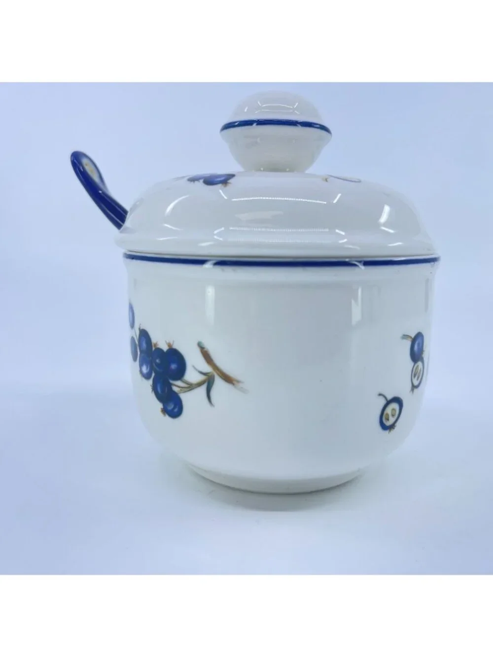 vintage villeroy & boch ceramic condiment jar with lid & spoon blueberry motif